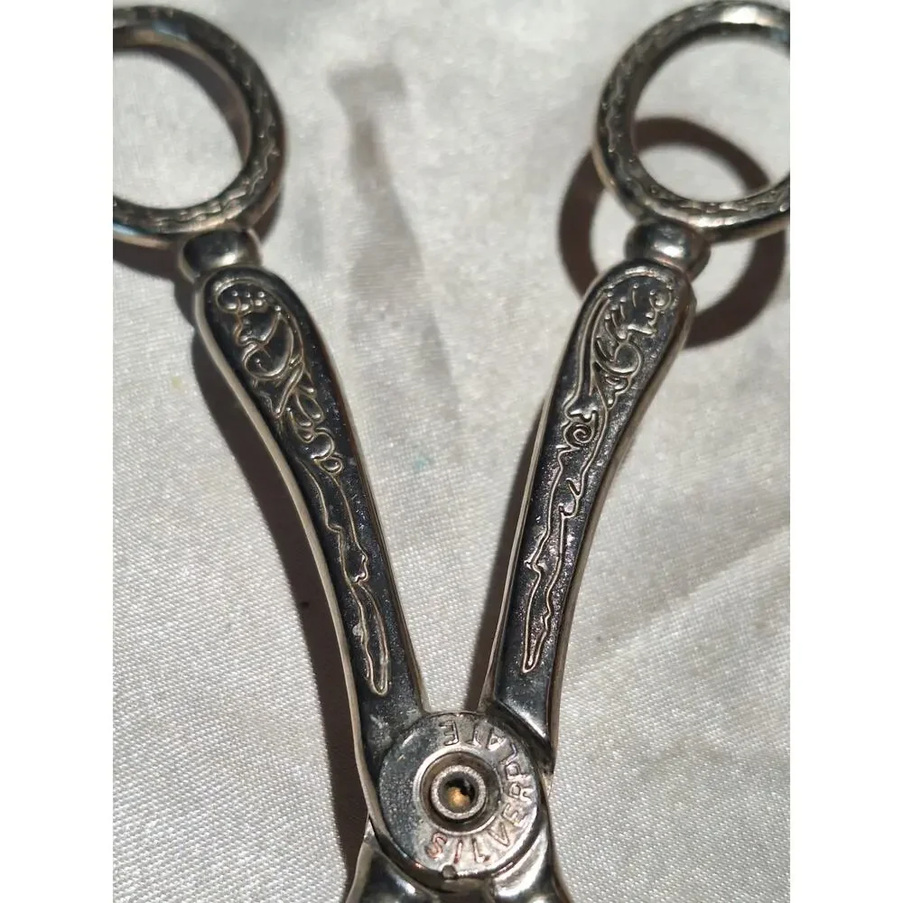 Vintage Silver Plate Scissor Pastry Tongs Engraved Cake Dessert Serving Utensil